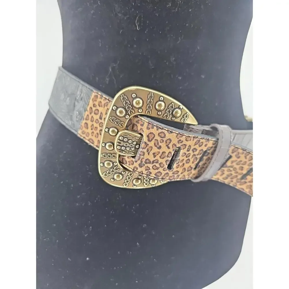 Chico's‎ Women's Leather Belt Small Black Animal Print Gold Buckle